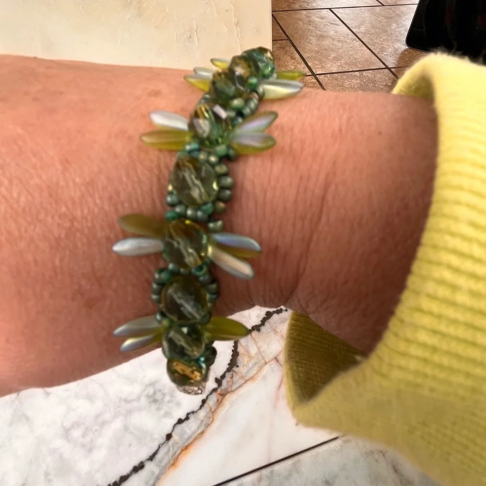Multi Color Greens Dangle Glass Beads Bracelet
